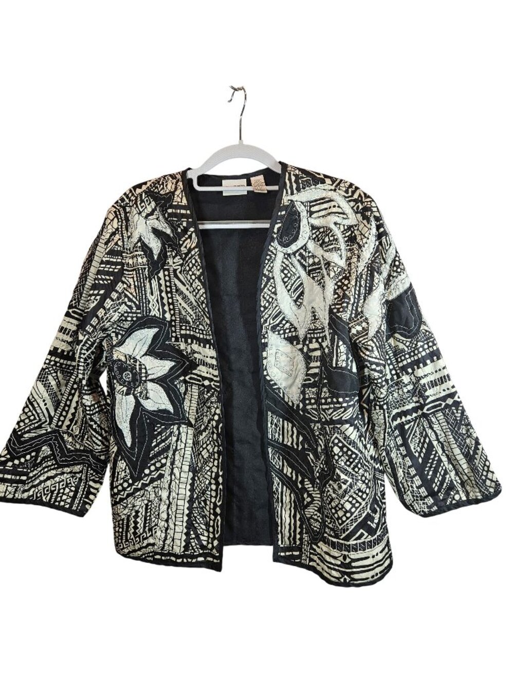 Chicos Black White Embroidered Silk Jacket Womens XL Floral Career Office Boho